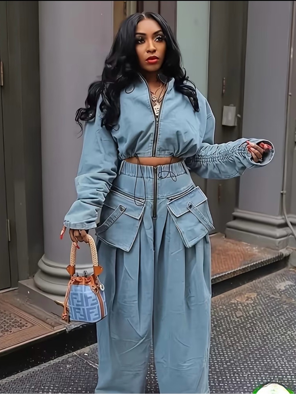 Women’s 2 Piece Blue Denim Pants Suit Cropped Jacket Wide Leg Pants Cargo M/L